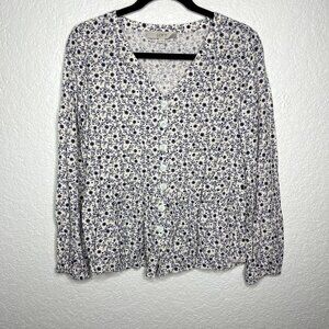 Loft White and Navy Floral Womens Blouse Size S‎